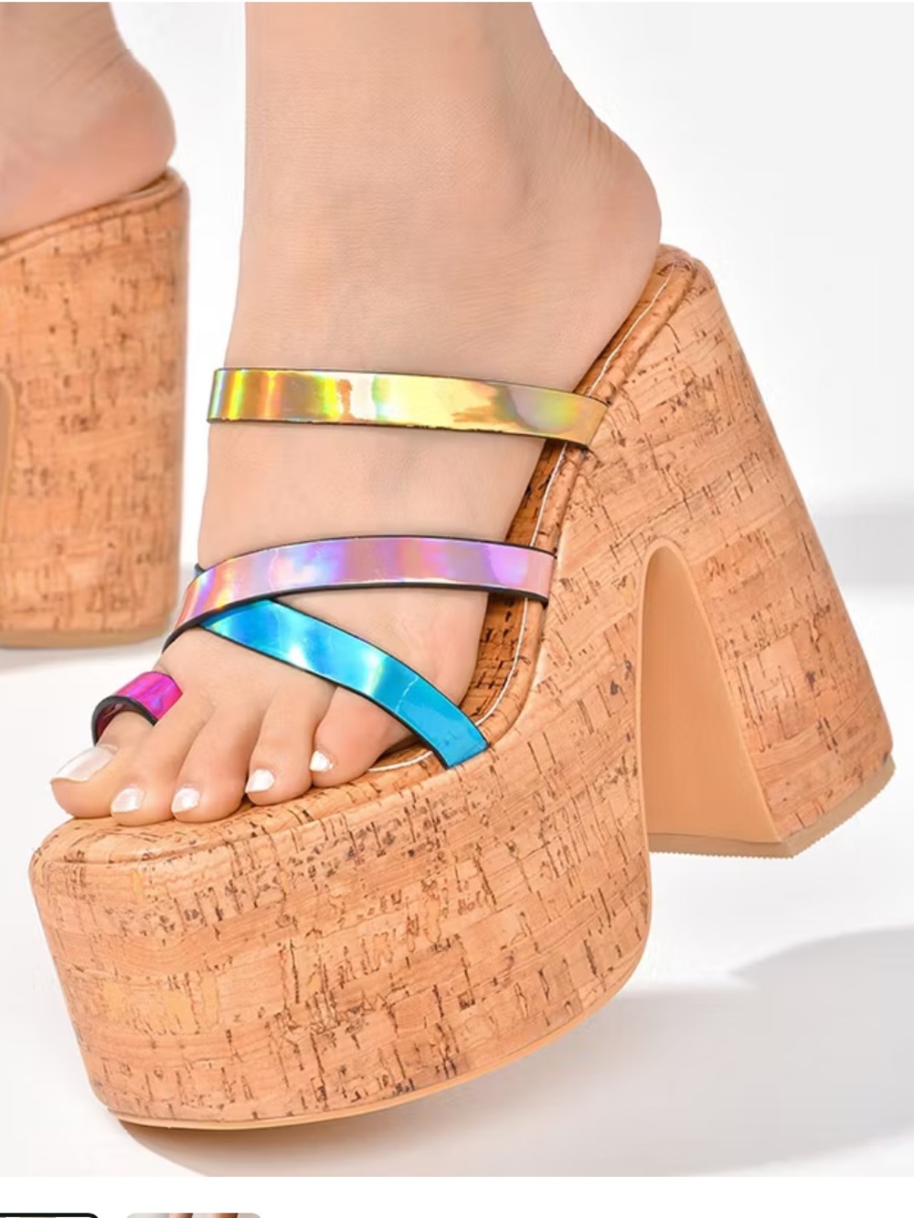 Cape Robbin Multicolor Iridescent Strap Cork Platform Mules - Picture 2 of 3